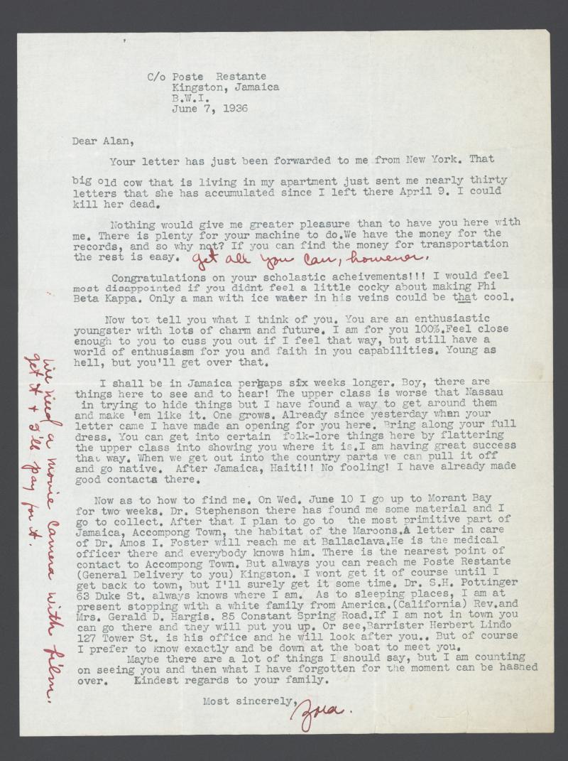 1936 Letter from ZNH to Lomax