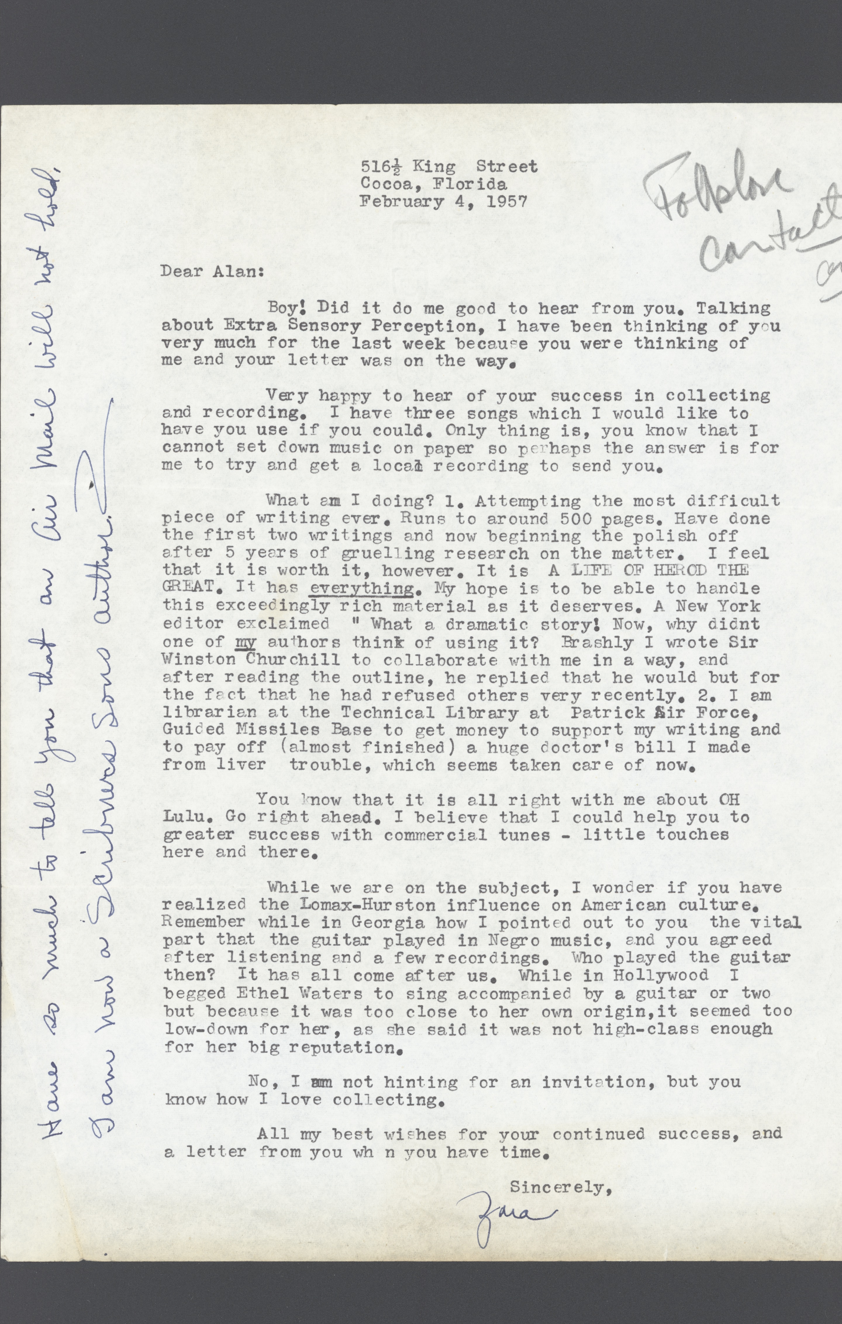 Letter from Zora Neale Hurston to Alan Lomax