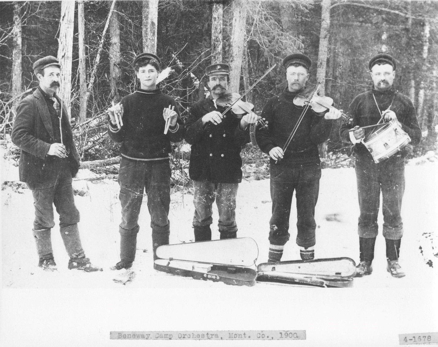 Photo of the Beneway Camp Orchestra, Montmorency County, MI, 1900