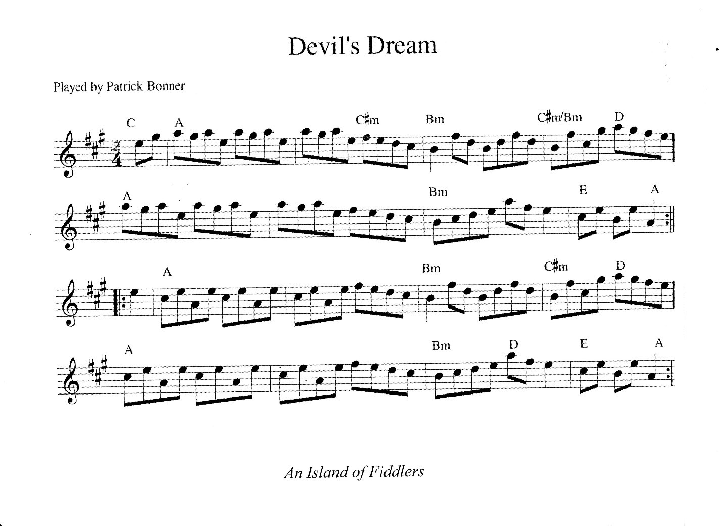 Transcription from An Island of Fiddlers by Glenn Hendrix.