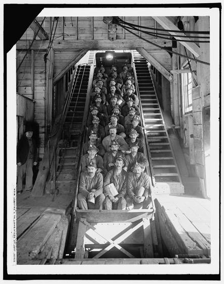 Just Up- Hecla Shaft No. 2, Calumet, c. 1906. Courtesy Detroit Publishing Company Collection, Library of Congress.    http://www.loc.gov/pictures/item/det1994006017/PP/